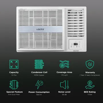VOLTAS.5 Ton 3 Star, Inverter Window AC (Copper, 2-in-1 Adjustable Mode, 2023 Model,183V Vertis Pearl, White)