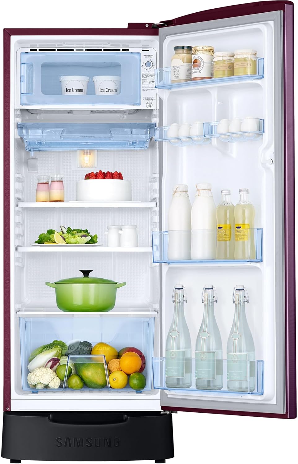 Samsung 183 L, 5 Star, Digital Inverter, Direct-Cool Single Door Refrigerator (RR20D2825CR/NL, Red, Camellia Purple, Base Stand Drawer)
